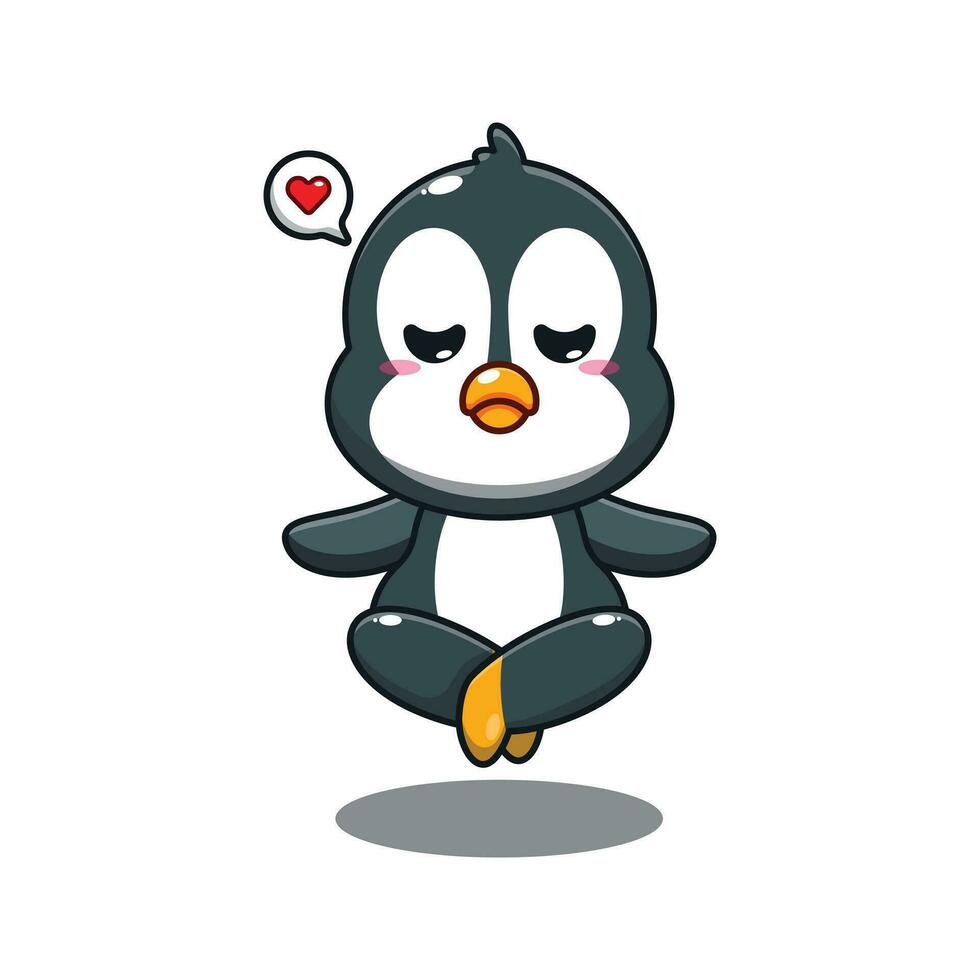 söt pingvin håller på med meditation yoga tecknad serie vektor illustration.