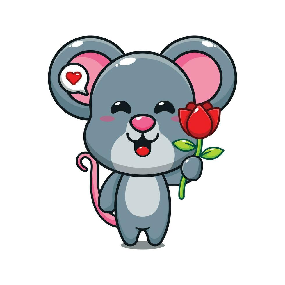 süß Maus halten Rose Blume Karikatur Vektor Illustration.