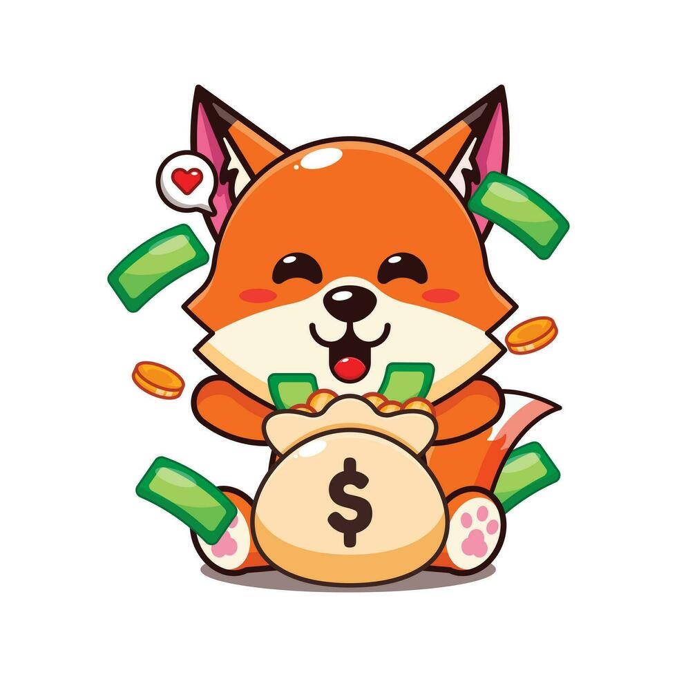 süß Fuchs mit Geld Tasche Karikatur Vektor Illustration.