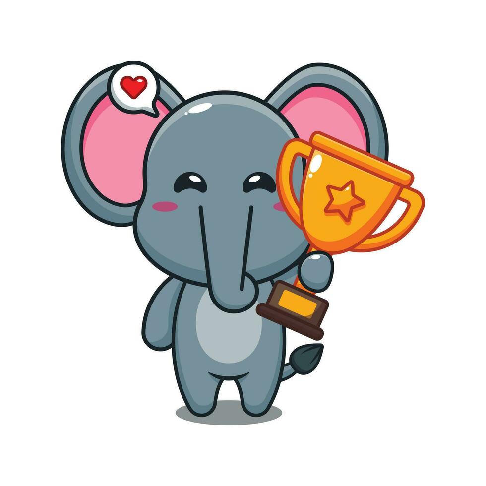 süß Elefant halten Gold Trophäe Tasse Karikatur Vektor Illustration.