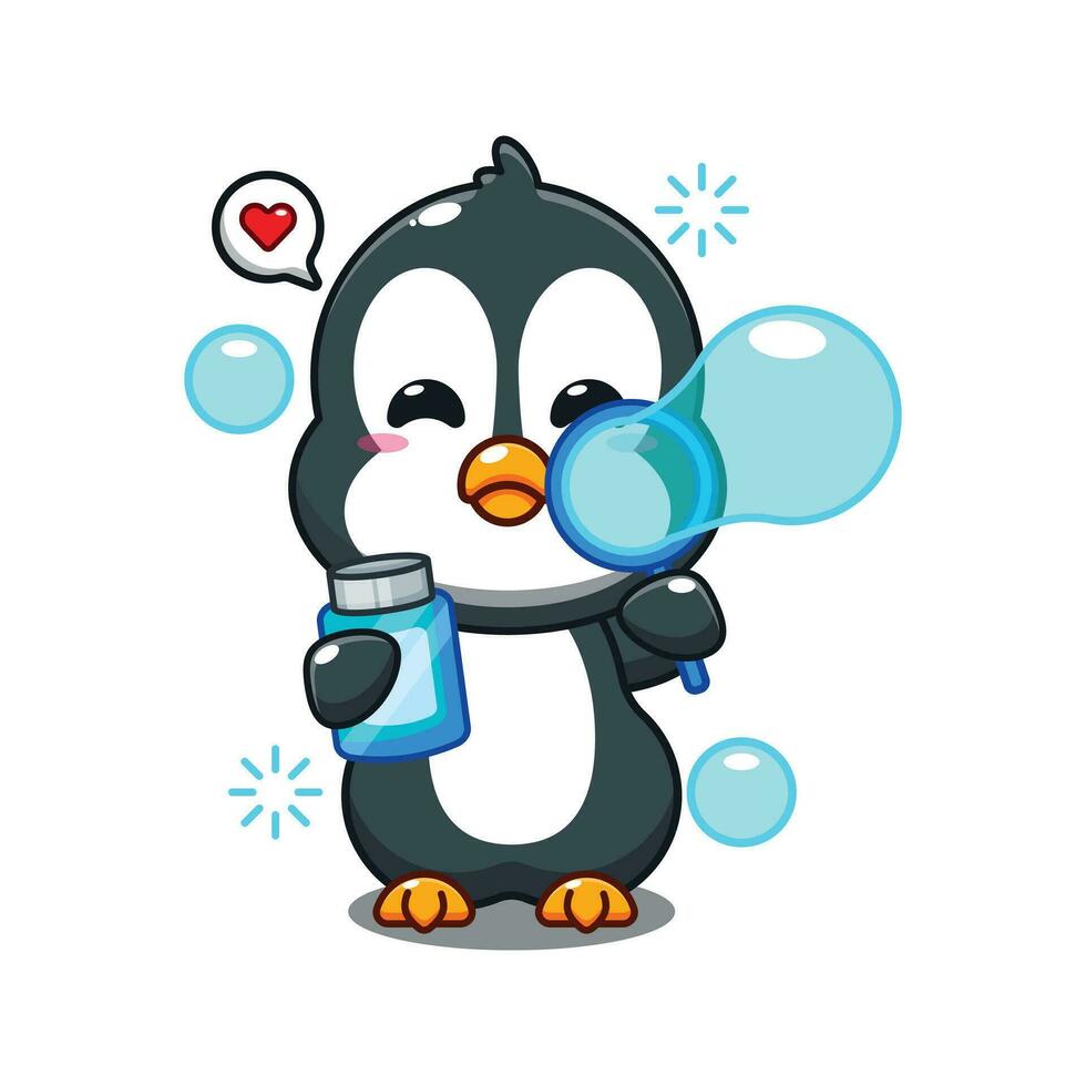 söt pingvin blåser bubblor tecknad serie vektor illustration.