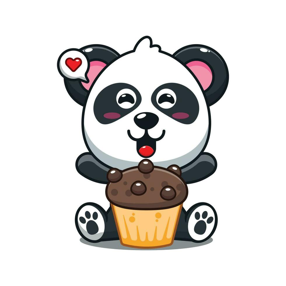 süß Panda mit Tasse Kuchen Karikatur Vektor Illustration.