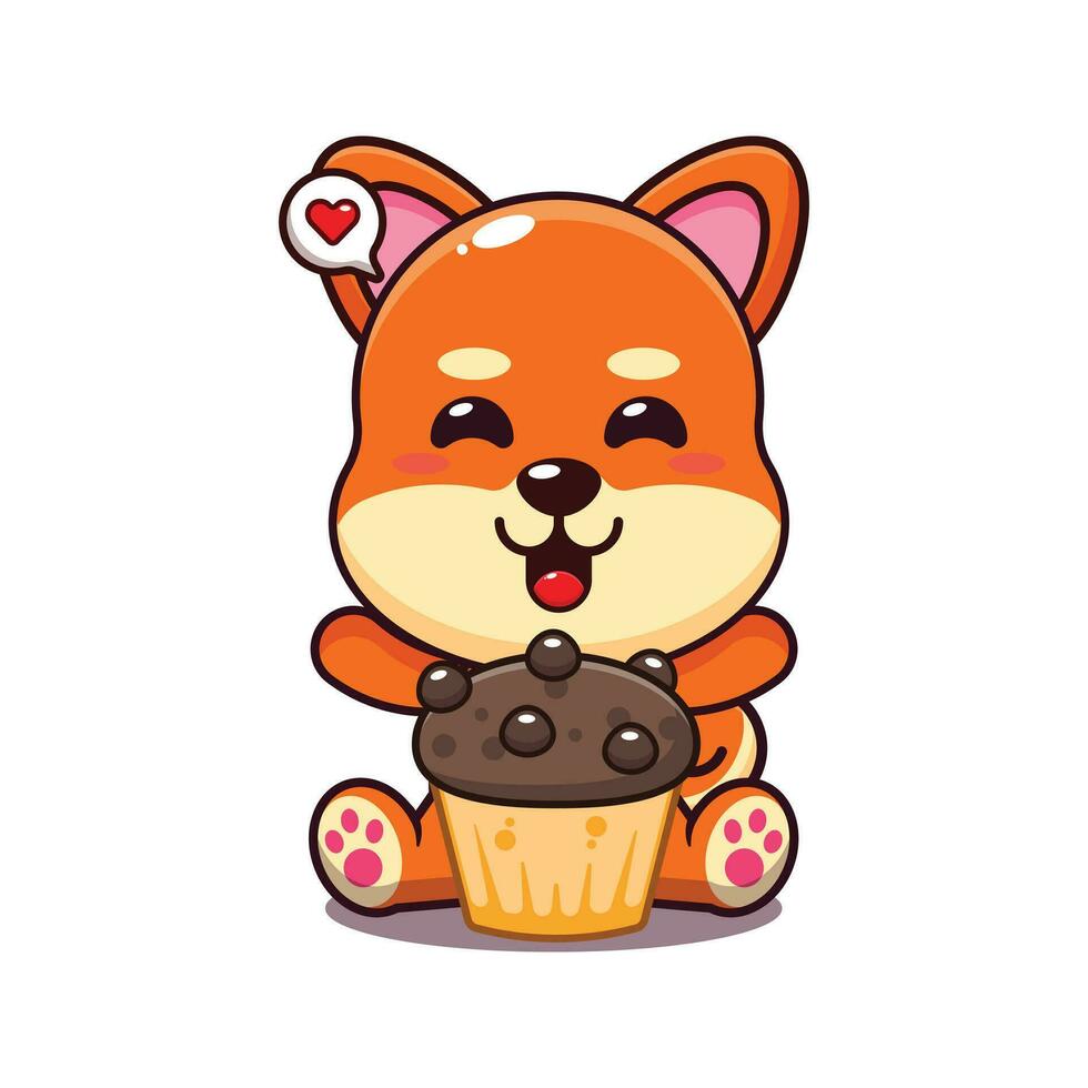 süß Shiba inu mit Tasse Kuchen Karikatur Vektor Illustration.