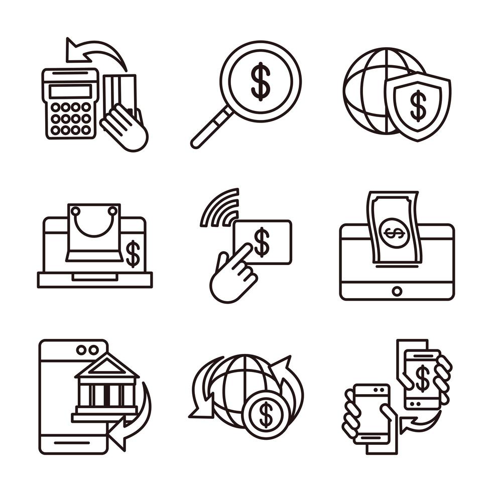 Mobile Banking Shopping oder Payment Market Online E-Commerce Icons Set Line und Fill Line Style Icon vektor