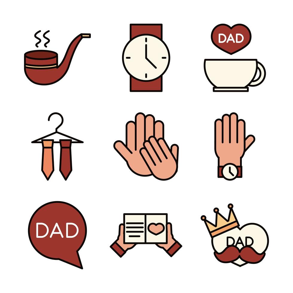 Happy Fathers Day Feier Zubehör Nachricht Dekoration Party Icon Set Linie und Füllsymbol vektor