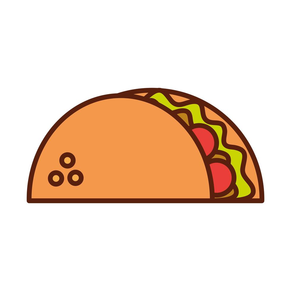 Fast Food Taco mexikanisches Abendessen und Menü leckeres Essen und ungesunde Linie und Füllsymbol vektor
