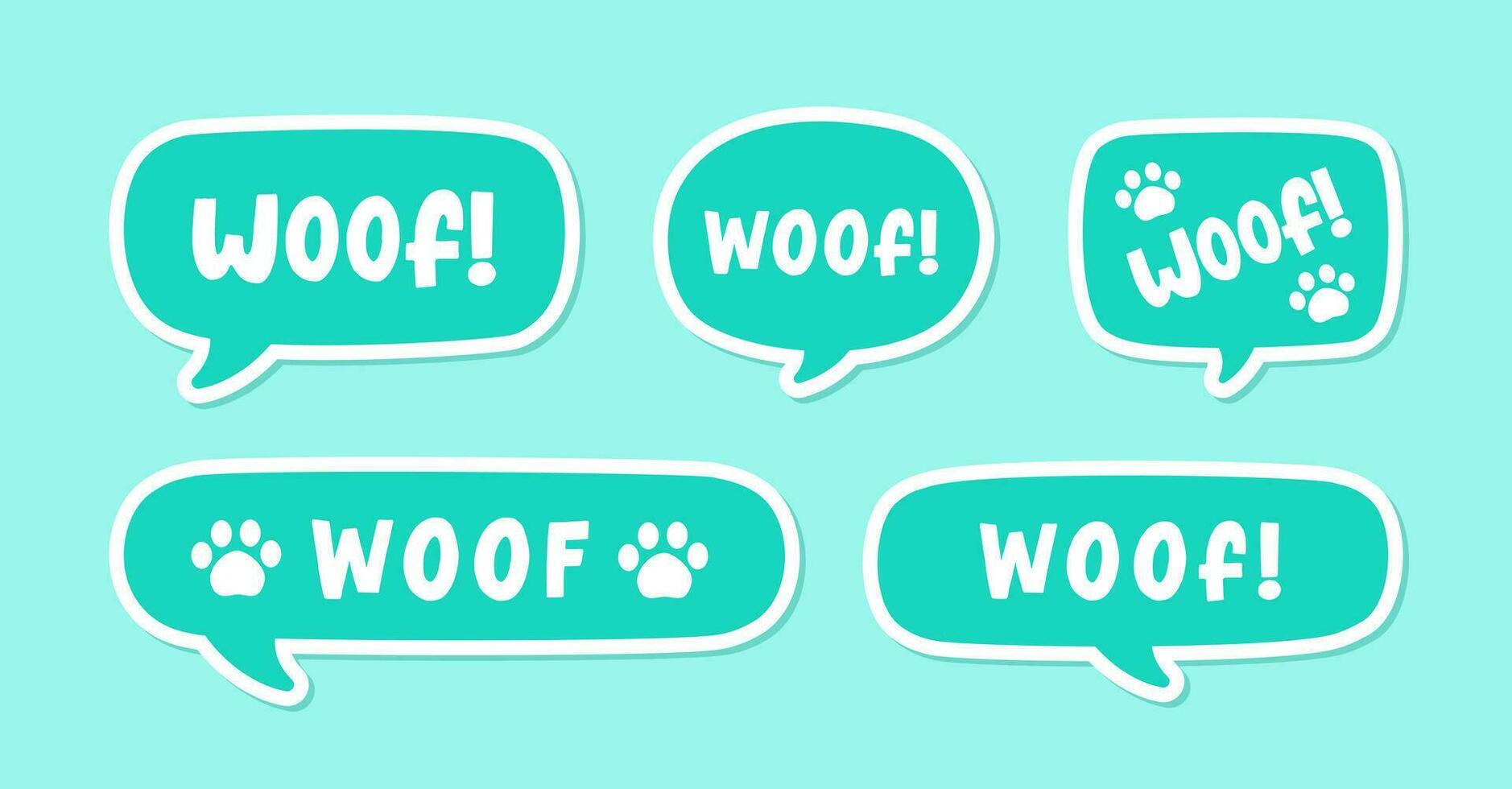 väft text i en Tal bubbla ballong uppsättning, digital klistermärke design. söt tecknad serie serier hund bark ljud effekt och text. texturerad vektor illustration.