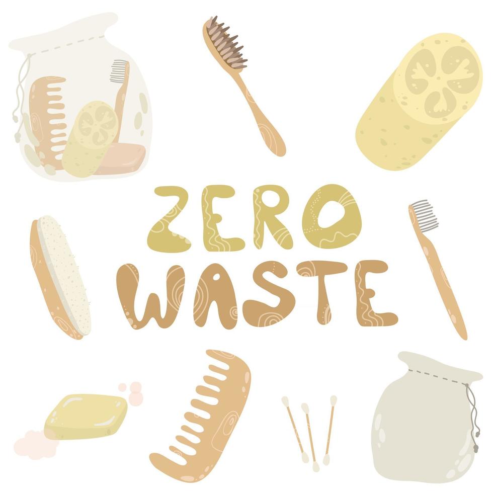 Zero-Waste-Hygieneelemente setzen umweltfreundliches Design mit recycelbaren und wiederverwendbaren Produkten Zero-Waste-Lifestyle-Symbol für Hygiene, kein Plastik-Cartoon-Doodle-Stil vektor