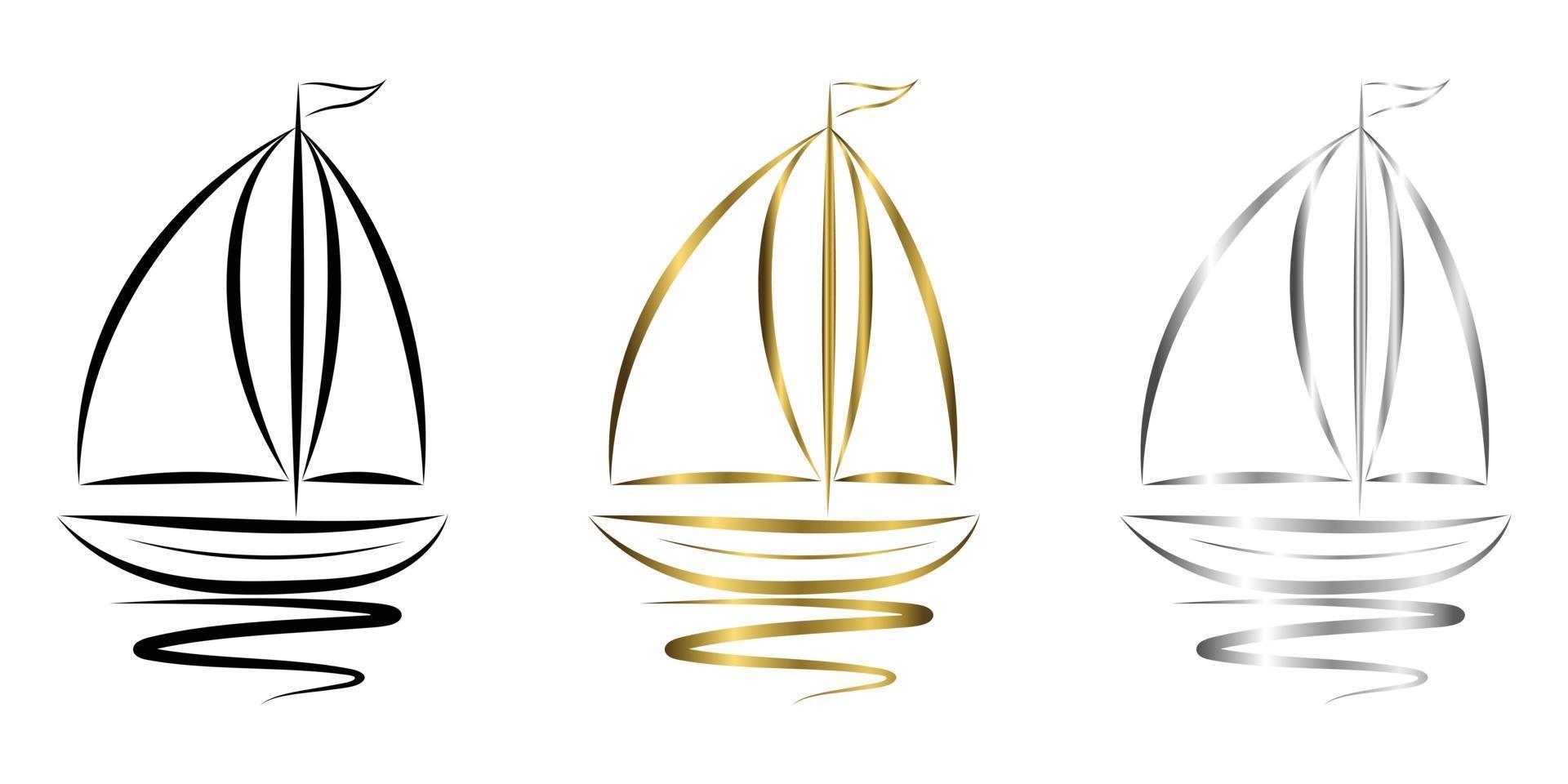 dreifarbiges schwarzes Gold-Silber-Logo-Linien-Kunstvektor eines Segelboots, das auf dem Wasser schwimmt vektor