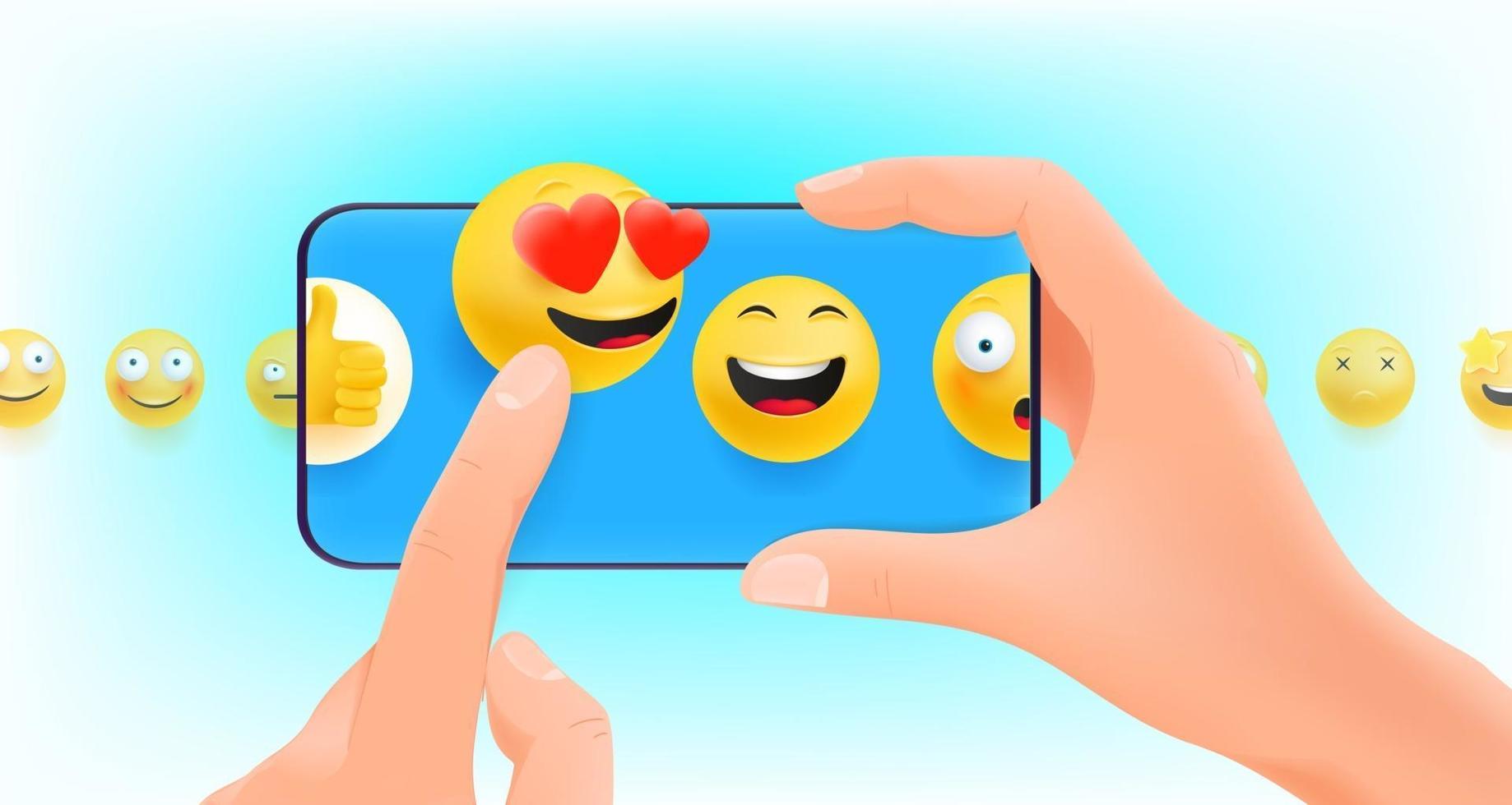 Mann hält Smartphone mit Emojis um zu reagieren vektor