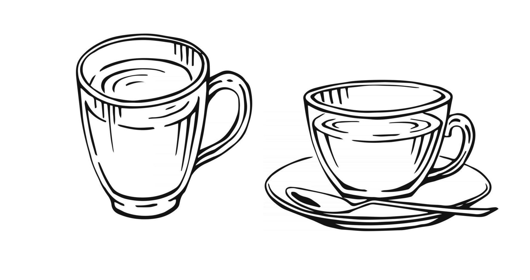 handritad kopp mugg varm dryck kaffe te etc koppar isolerad på vit bakgrund. tekopp kaffe kopp morgon färska drycker vektor
