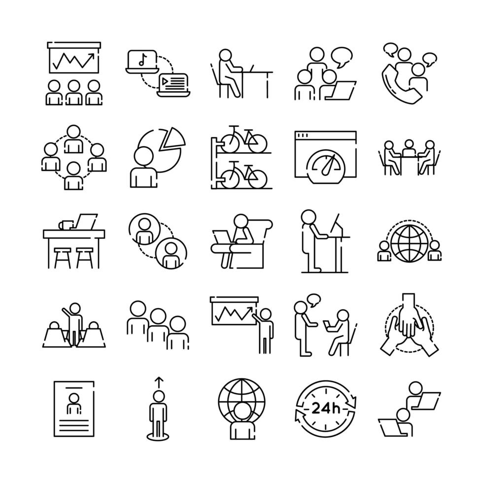 Bündel von fünfundzwanzig Coworking Set Line Style Icons vektor