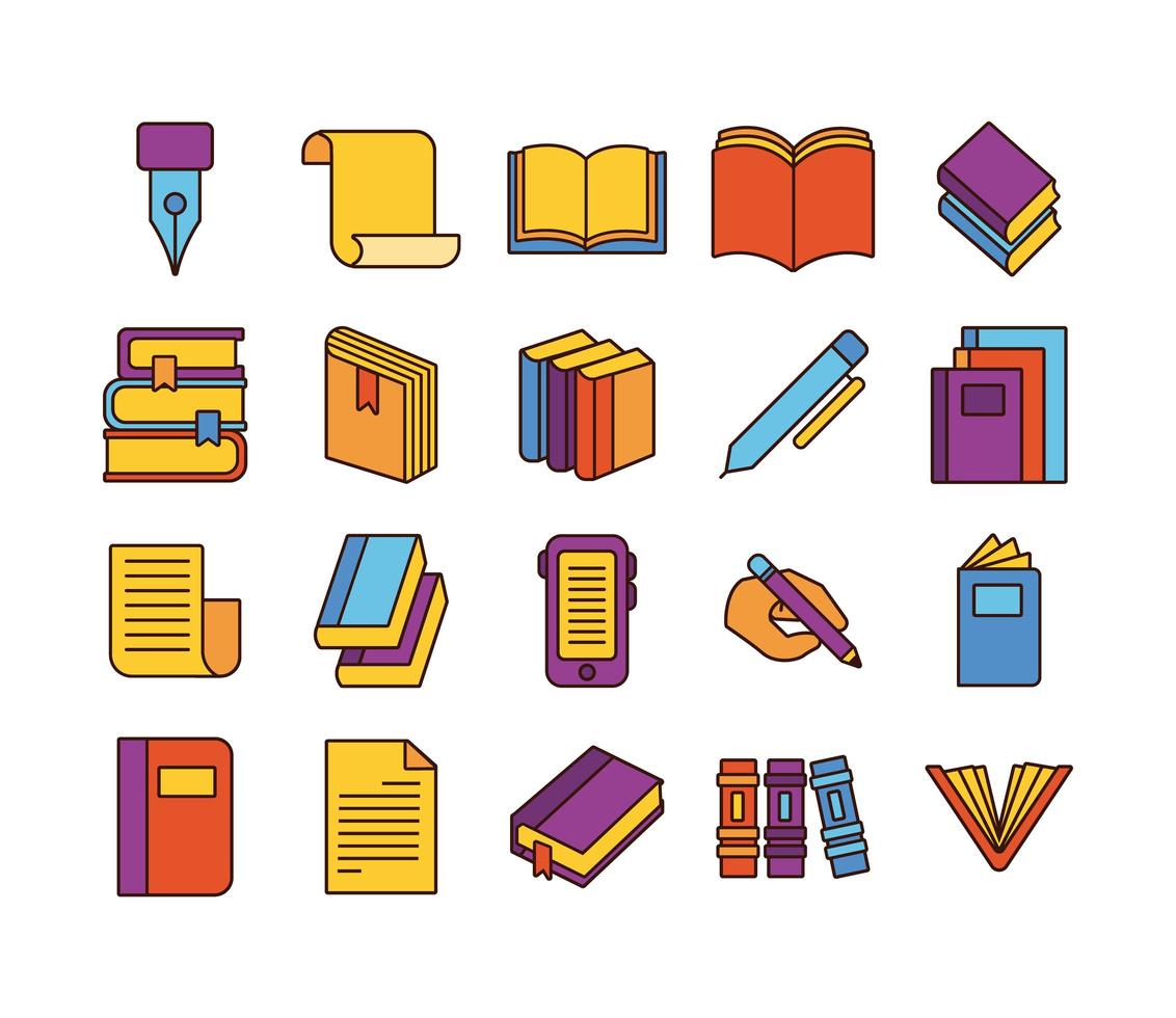 Bündel von zwanzig Büchern Literatur Set Icons vektor