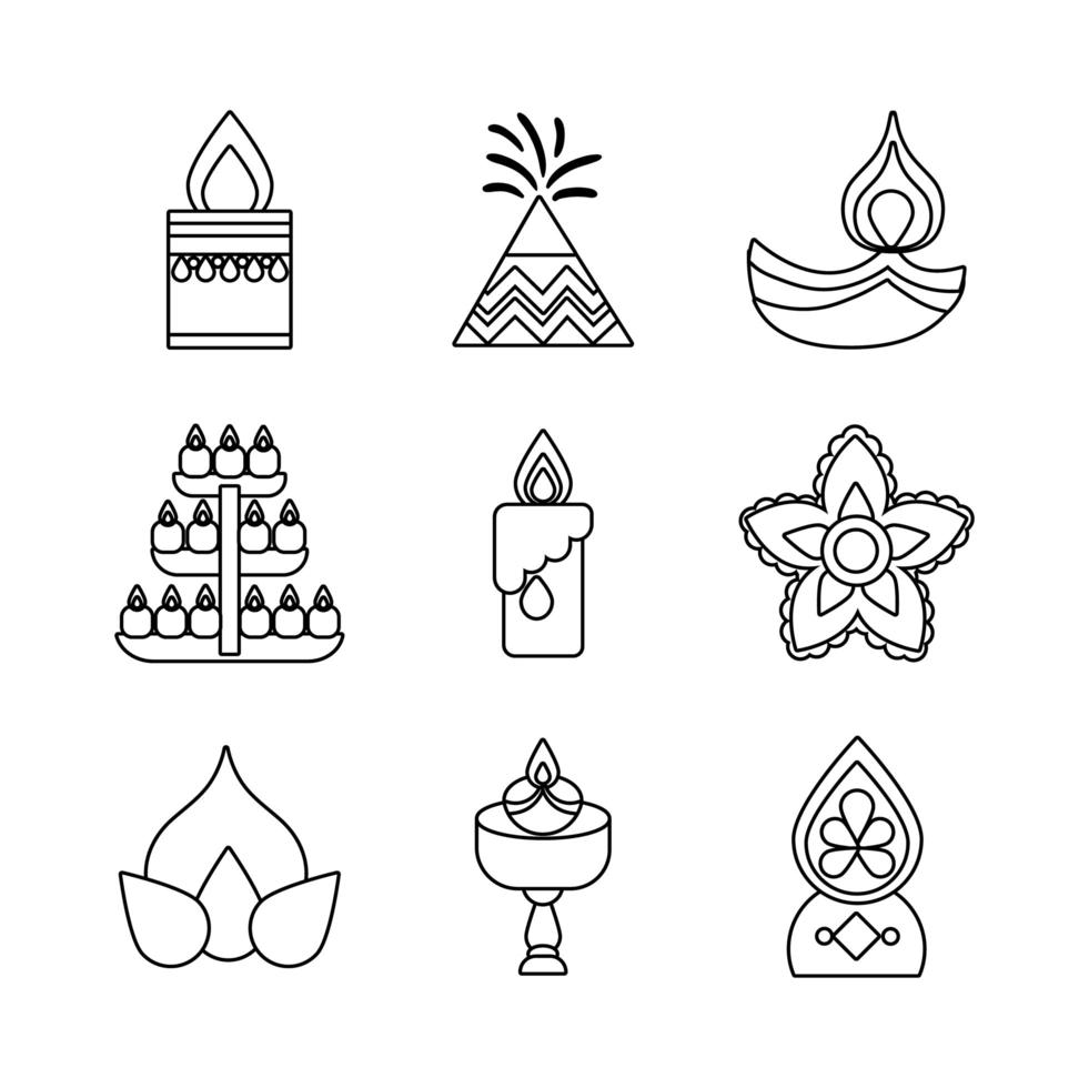 Bündel von neun Diwali Set Line Style Icons vektor