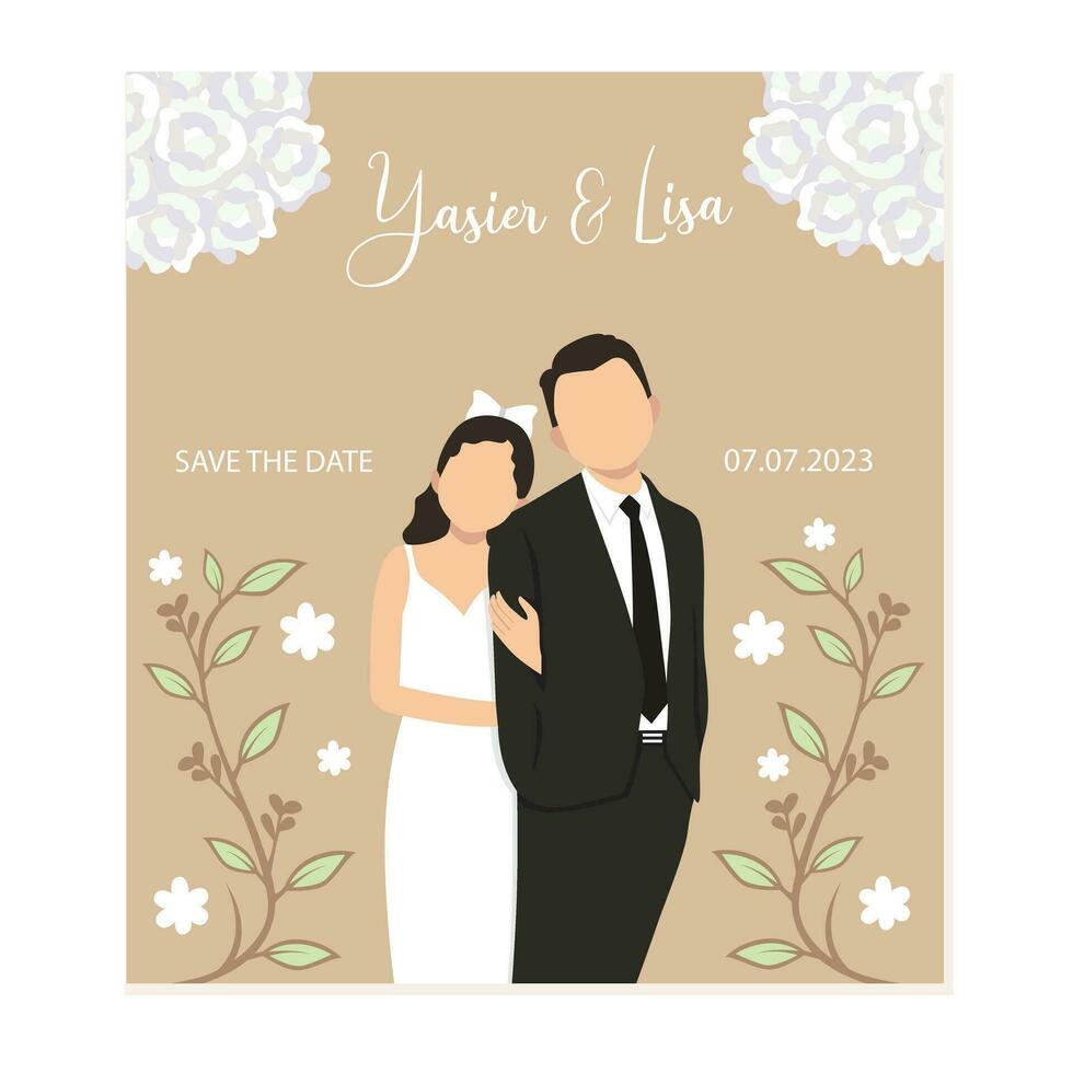 bröllop inbjudan kort med brud och brudgum. vektor illustration.