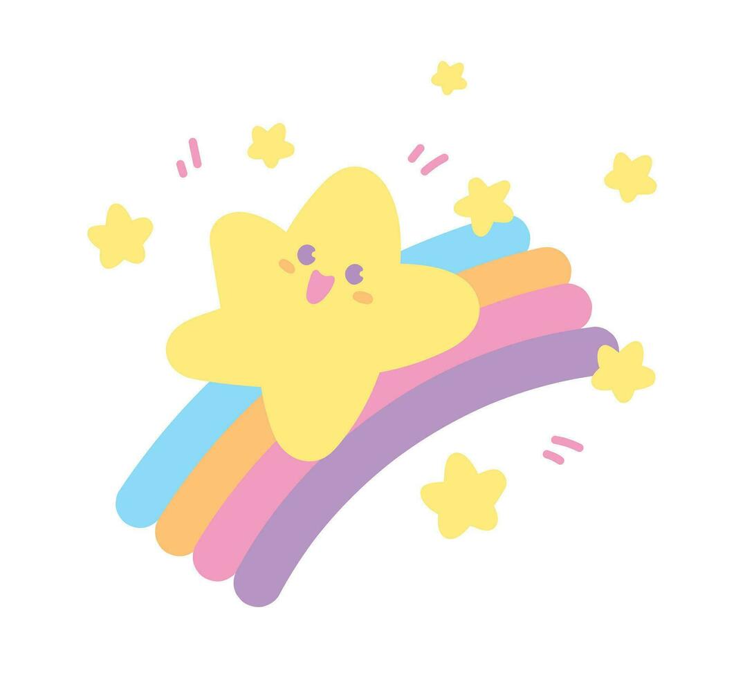 süß kawaii glücklich Star ist gleiten Nieder auf Süss Pastell- Regenbogen Illustration Grafik Vektor