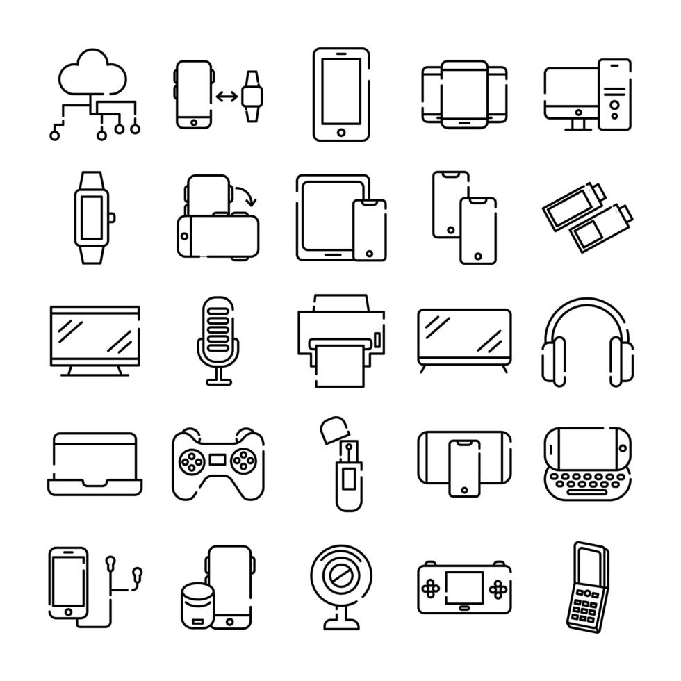 Bündel von fünfundzwanzig Geräten Elektronik Set Sammlung Icons vektor