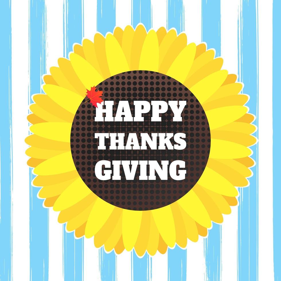 Happy Thanksgiving Day Flat Style Design Poster Vector Illustration mit großem Sonnenblumentext und Herbstlaub feiern die Feiertage