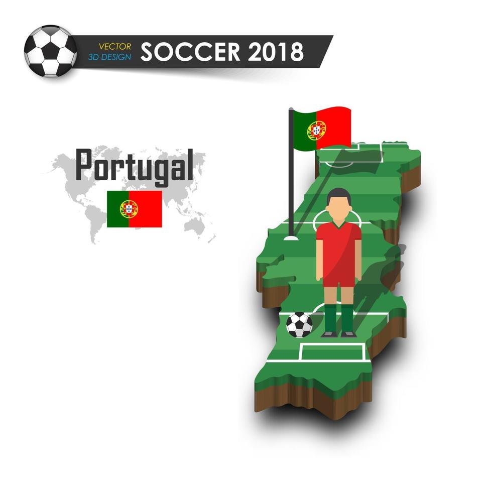 Portugal Fußballnationalmannschaft Fußballspieler und Flagge auf 3D-Design Landkarte isolierter Hintergrundvektor für das internationale Weltmeisterschaftsturnier 2018 Konzept vektor