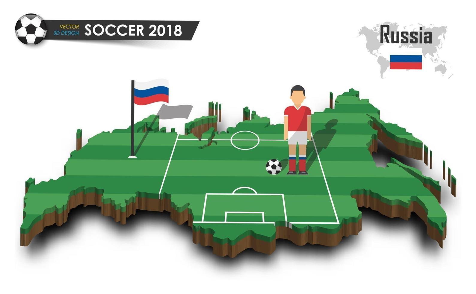 Russische Fußballnationalmannschaft Fußballspieler und Flagge auf 3D-Design-Landkarte isolierter Hintergrundvektor für das Konzept des internationalen Weltmeisterschaftsturniers 2018 vektor