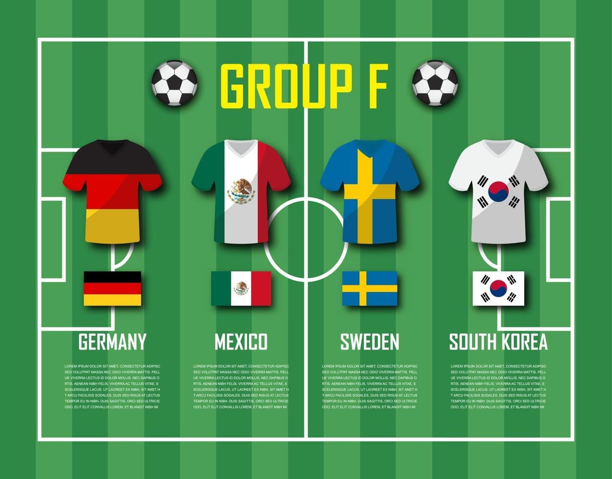 Fußballpokal 2018 Teamgruppe f Fußballspieler mit Trikotuniform und Nationalflaggenvektor für internationales Weltmeisterschaftsturnier vektor