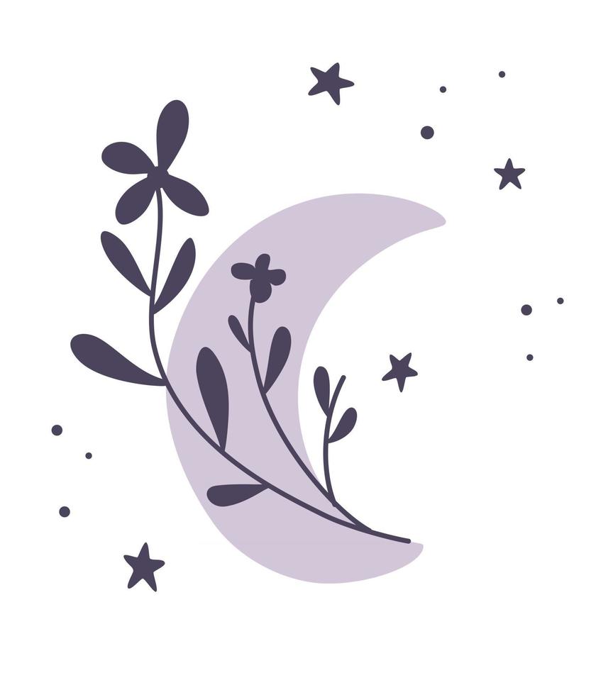 Halbmond der Blumen schöne romantische Halbmond im Boho-Stil botanischer Mond Element Tattoo Design Logo Hochzeitseinladung Grußkarte Halloween Dekor Vektor flache Illustration