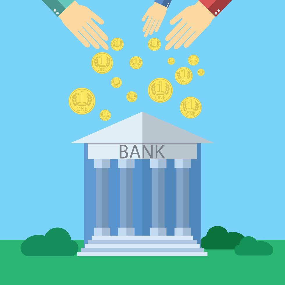 flaches Design modernes Vektor-Illustrationskonzept für Bank mit menschlichen Händen, die Geld fallen lassen, auf farbigem Hintergrund vektor