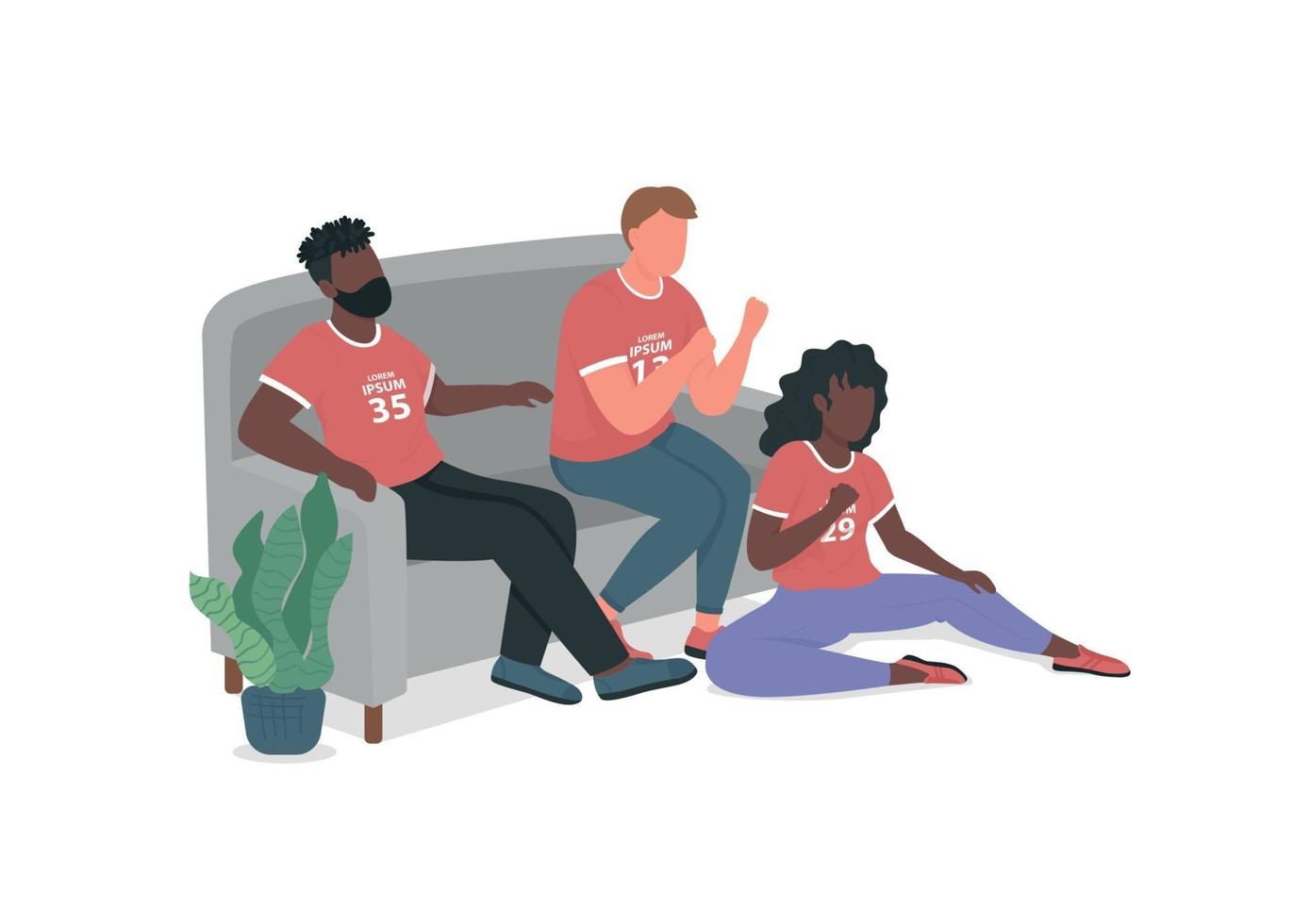sport fan vänner på soffan platt färg vektor ansiktslösa karaktärer