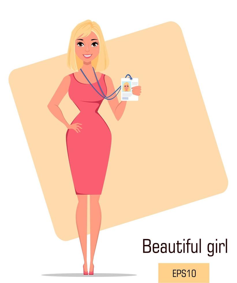 vacker blond dam i fashionabla klänning visar märke vektor