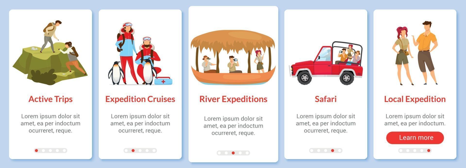 Expedition Onboarding Mobile App-Bildschirmvektorvorlage vektor