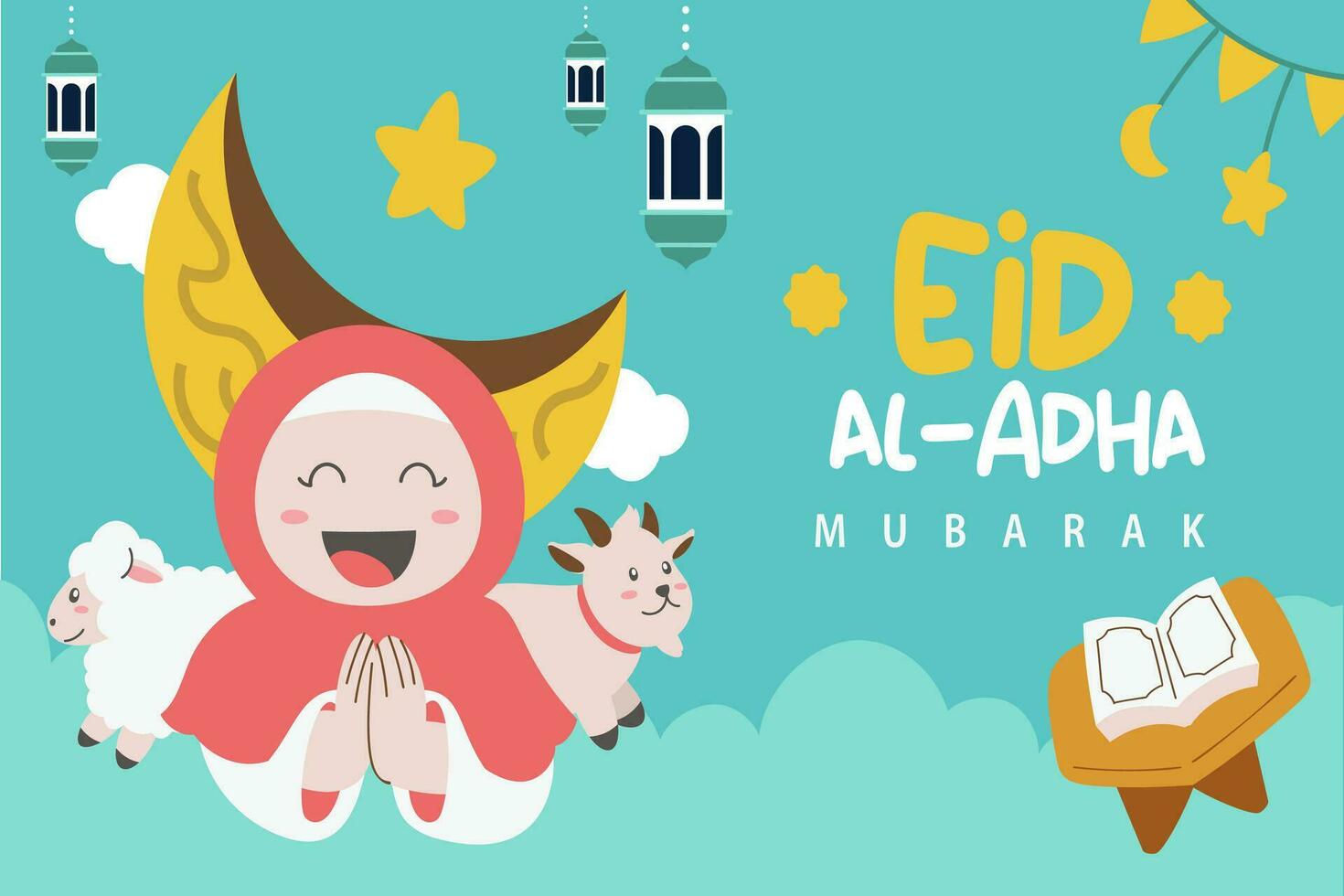 heilig eid al adha Mubarak süß Banner Karikatur Gekritzel. islamisch und Arabisch Gruß Flyer zum Muslim Gemeinschaft Festival Grafik drucken Vektor