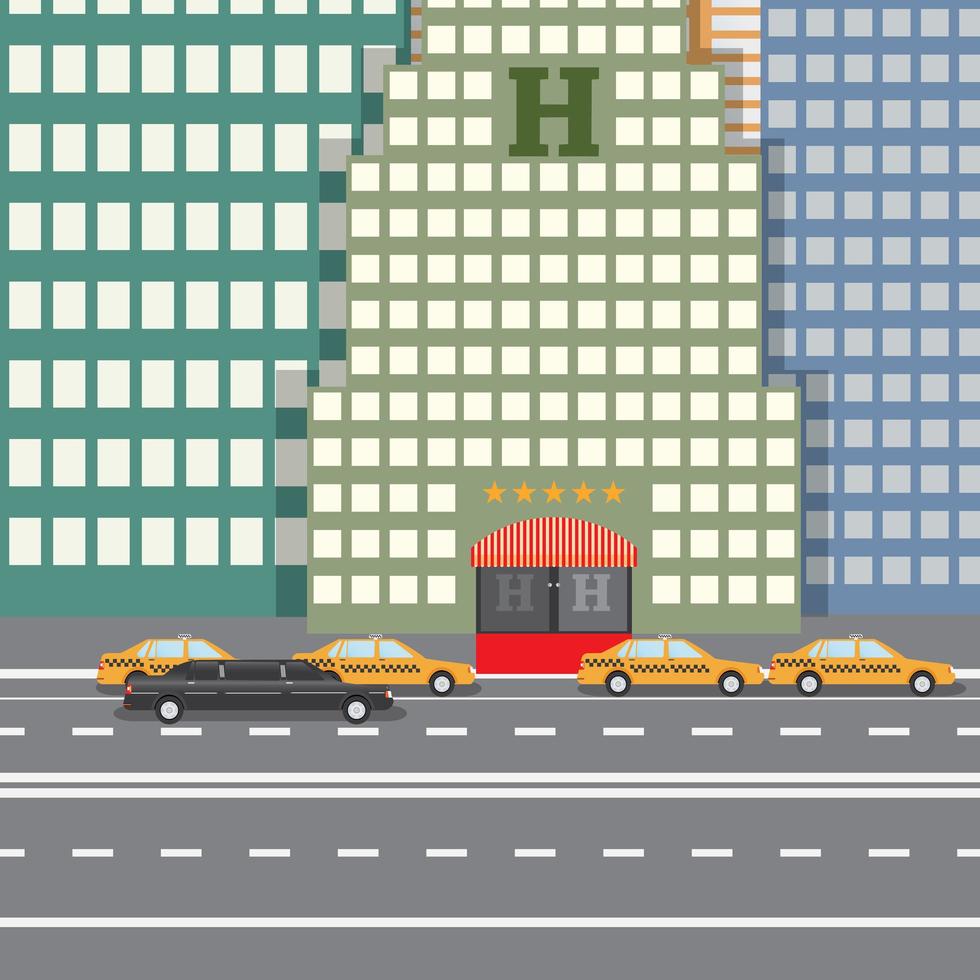flaches Design-Vektor-Illustrationskonzept für Stadthotel und geparktes Taxi und Limousine, sityskape vektor