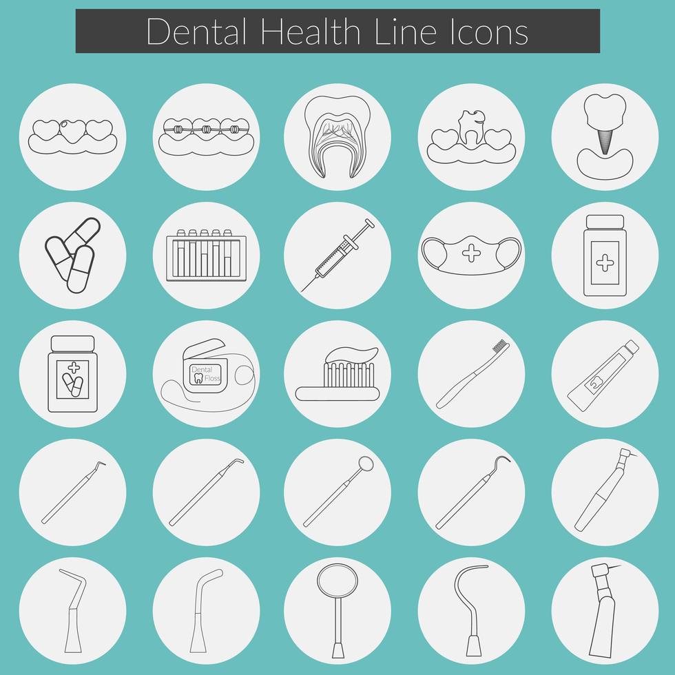Zahnpflegelinie Icons Vektorset mit Zahnseide, Zähnen, Mund, Zahnpasta und Bürste, Medizin, Spritze und Zahnarztinstrumenten. vektor