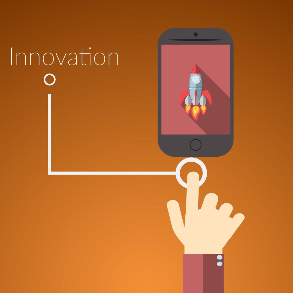 platt design vektor illustration koncept för online-tjänster. koncept för handrörande smart telefon med raket, text tecken innovation