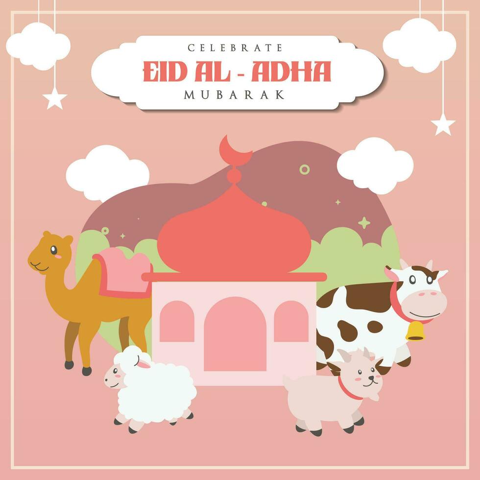 helig eid al Adha mubarak söt baner tecknad serie klotter. islamic och arabicum hälsning flygblad för muslim gemenskap festival grafisk skriva ut vektor