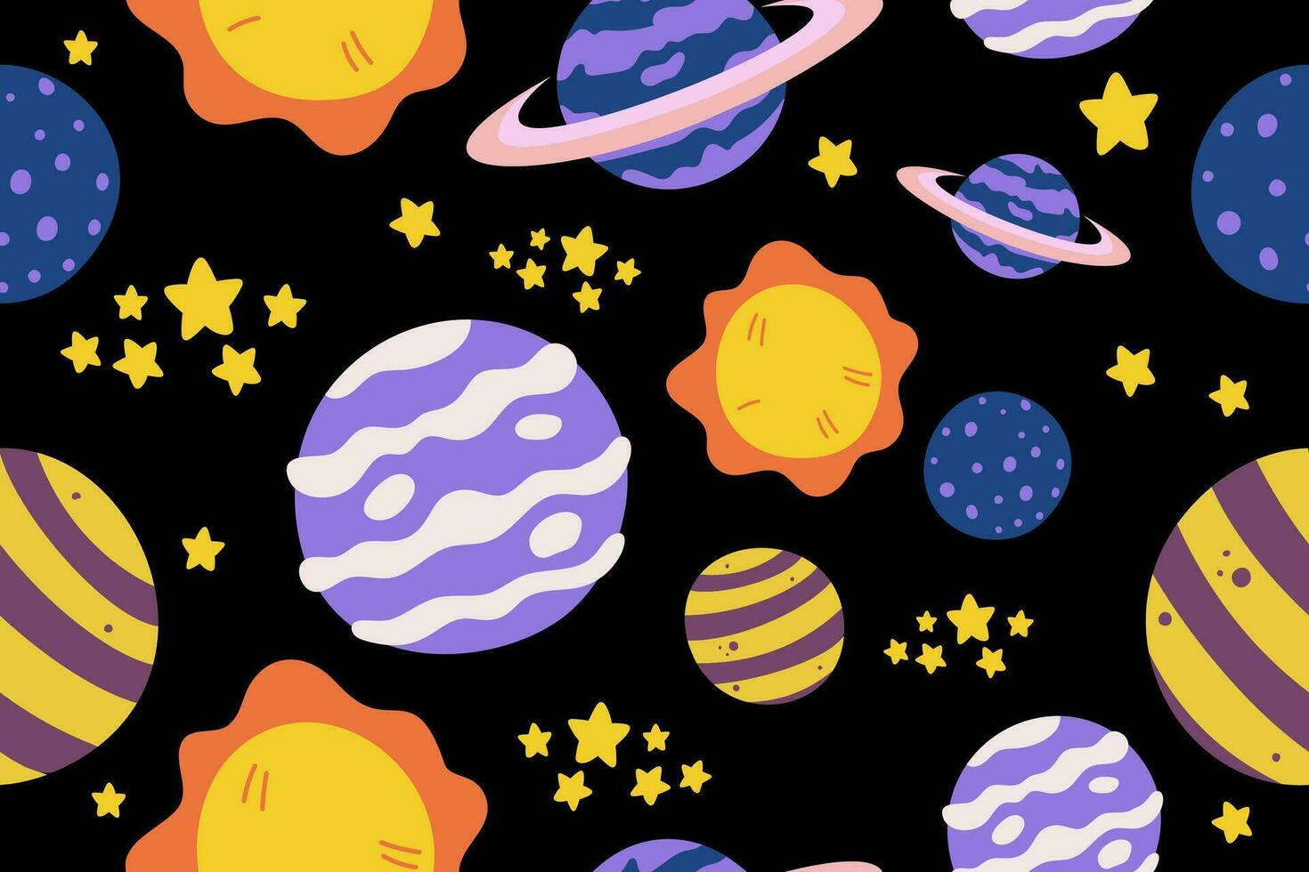 kawaii äußere Raum nahtlos Muster Hintergrund. süß kosmisch Galaxis thematisch zum Kleidung, Textil- und Verpackung Papier vektor