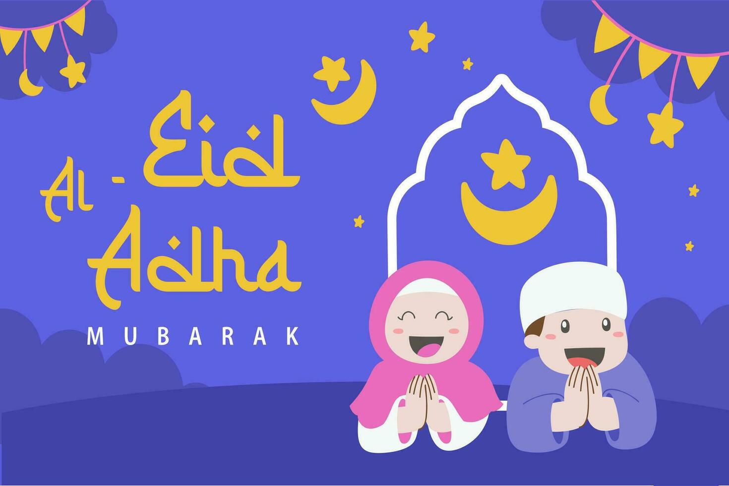 heilig eid al adha Mubarak süß Banner Karikatur Gekritzel. islamisch und Arabisch Gruß Flyer zum Muslim Gemeinschaft Festival Grafik drucken Vektor