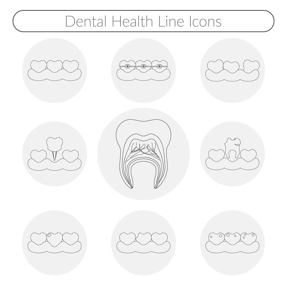 tandvård vektor linje ikoner av heathy theeth, karies, hängslen system, implantation och andra tandvård ikoner set