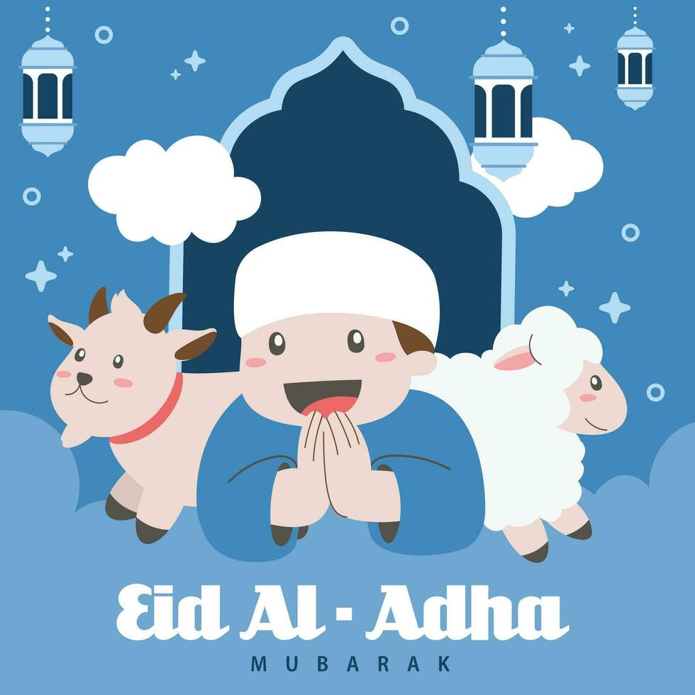 heilig eid al adha Mubarak süß Banner Karikatur Gekritzel. islamisch und Arabisch Gruß Flyer zum Muslim Gemeinschaft Festival Grafik drucken Vektor