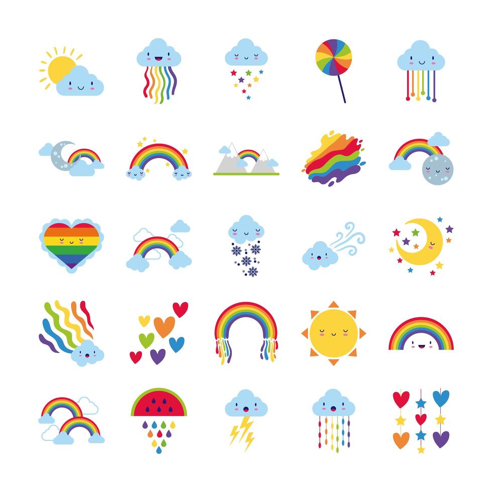 bunt med tjugofem regnbågar och kawaii tecken ikoner vektor