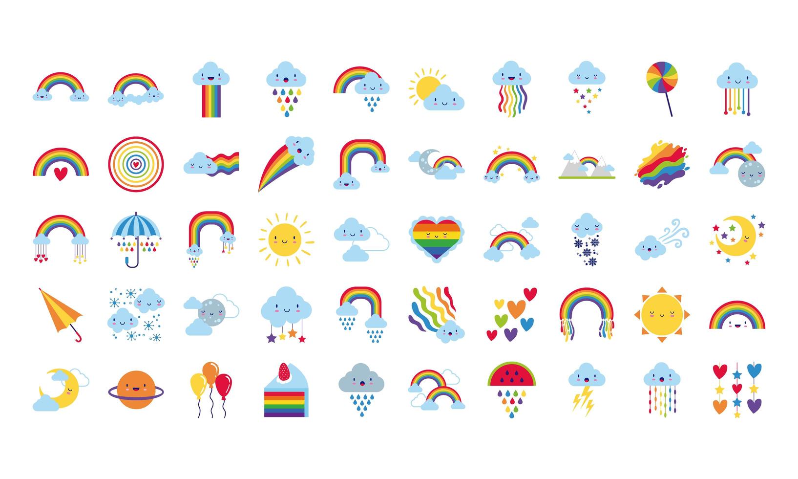 bunt med femtio regnbågar och kawaii tecken ikoner vektor