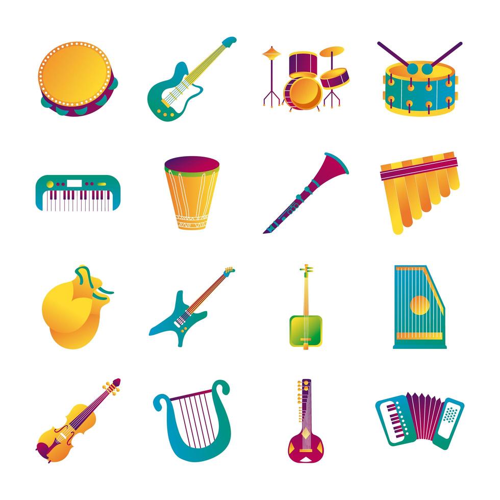 Bündel von sechzehn Musikinstrumenten setzen Icons vektor