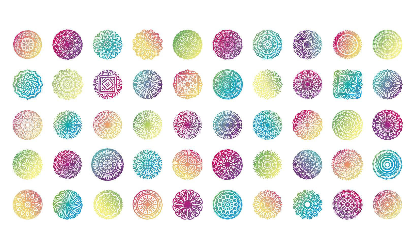 Bündel von fünfzig farbenfrohen Mandalas Set Icons vektor