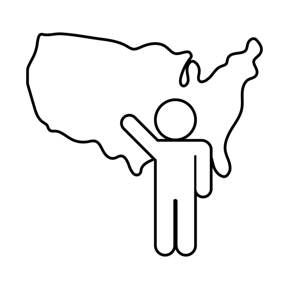 siluett man med Amerikas förenta stater karta Columbus dag linje stil vektor