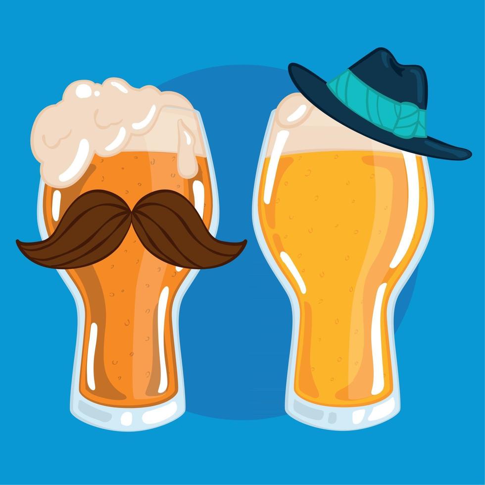 Paar Biertrinkglas mit Schnurrbart und Hut vektor