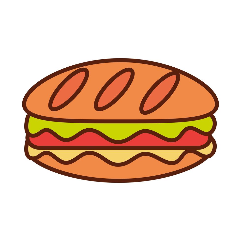 smörgås snabbmat välsmakande middag och meny måltid och ohälsosamma linje och fyll ikon vektor