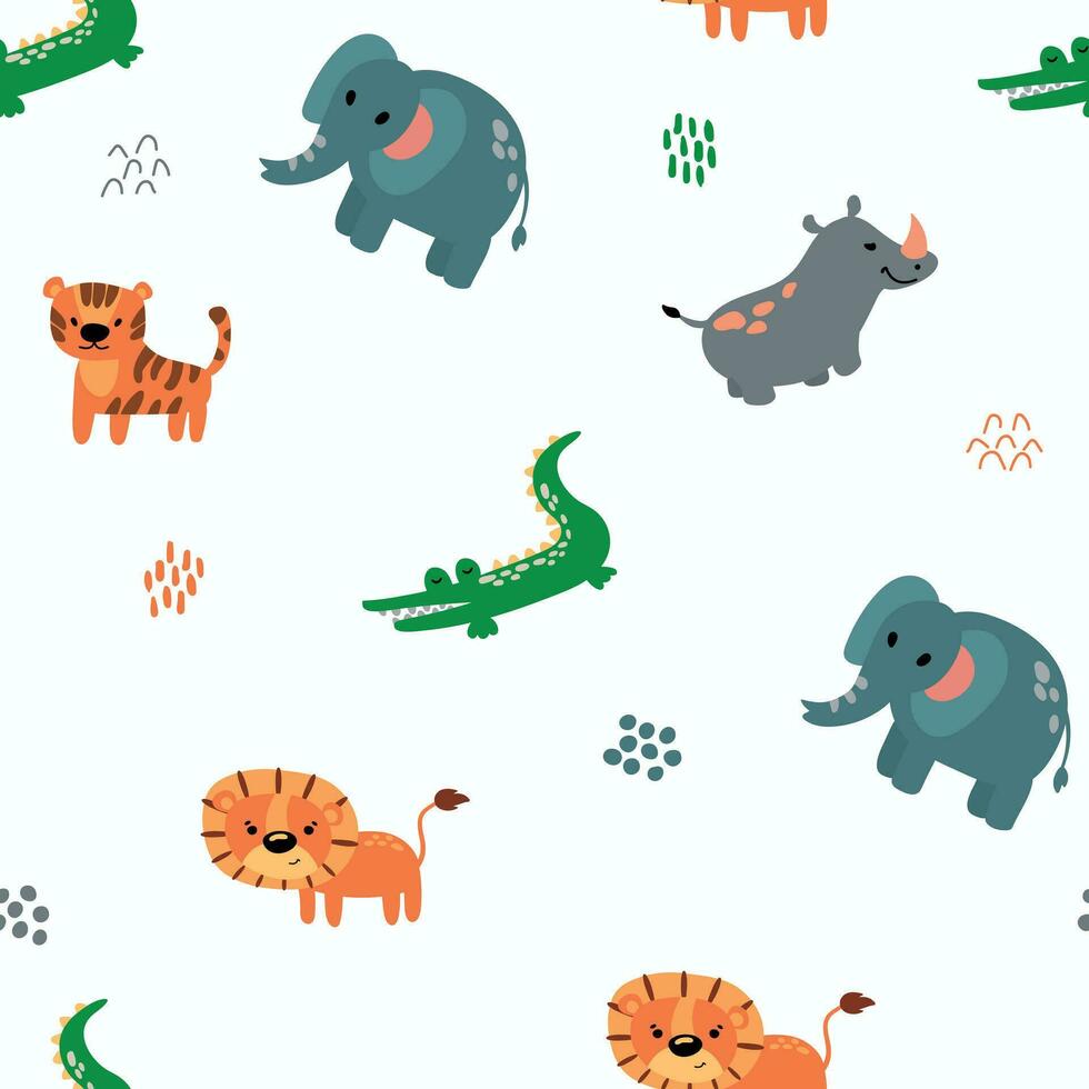 nahtlos Muster mit Safari Tiere. Löwe, Tiger, Elefant, Nashorn, Krokodil. Design zum Stoff, Textil, Hintergrund, Verpackung. vektor