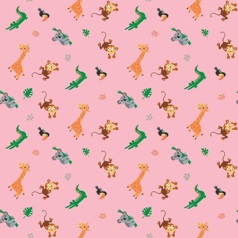 nahtlos Muster mit Safari Tiere. Giraffe, Krokodil, Koala, Affe und Tukan. Design zum Stoff, Textil, Hintergrund, Verpackung. vektor