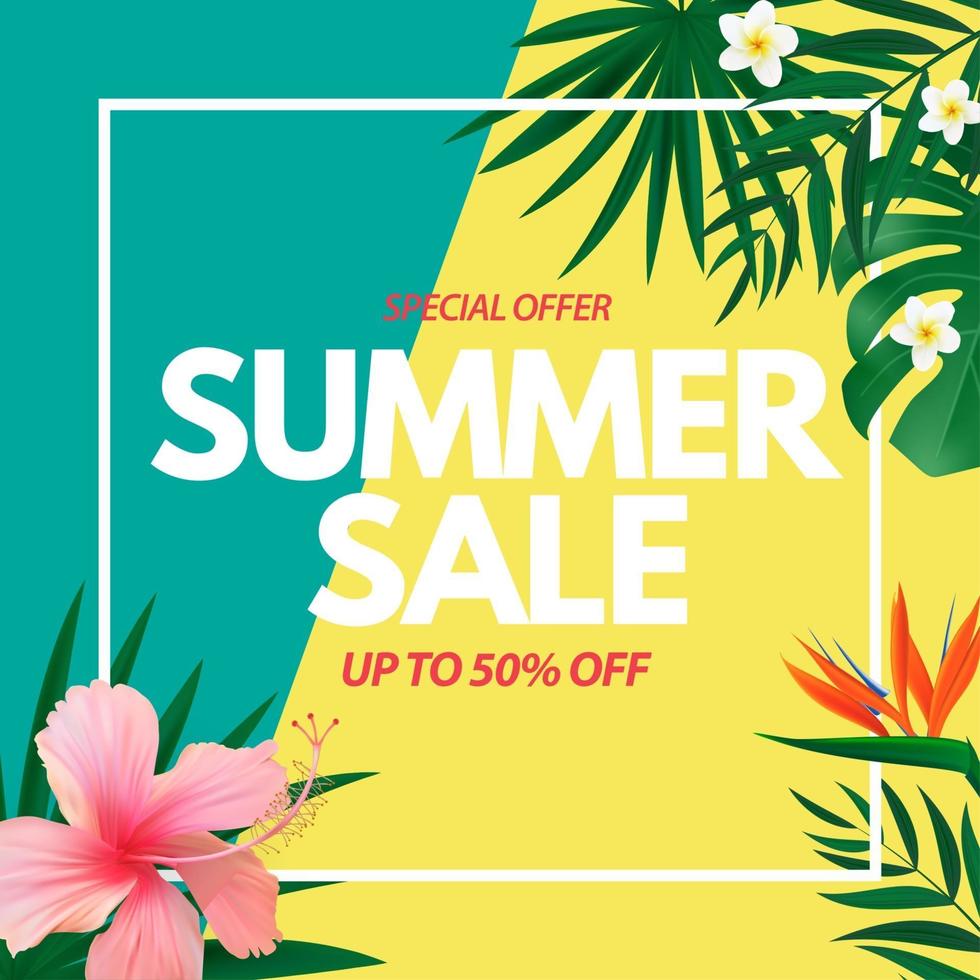 sommarförsäljningsaffisch naturlig bakgrund med tropiska palm- och monsterablad och exotisk blomma vektor