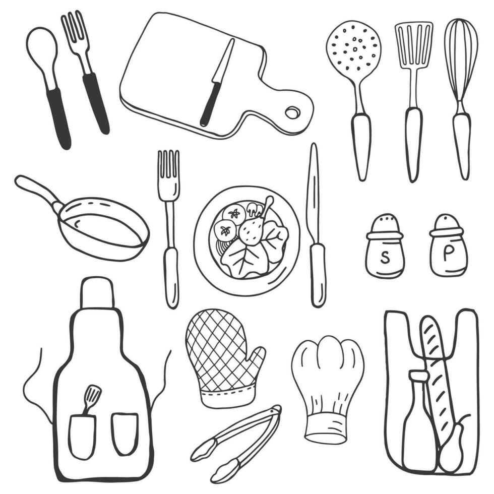 kök apparater. köksredskap. matlagning middag. klotter uppsättning. vektor isolerat illustration.